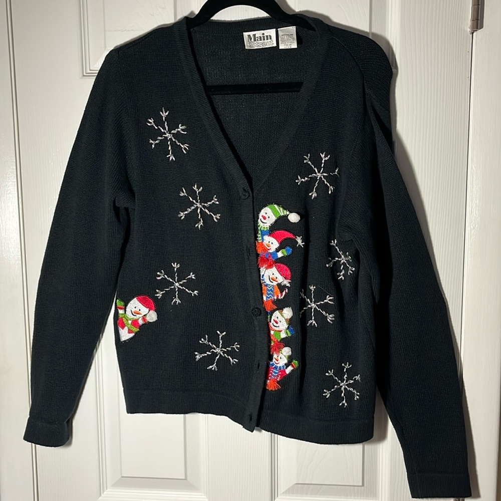 Main Street Christmas VTG snowman cardigan sweater snowflake winter black Med